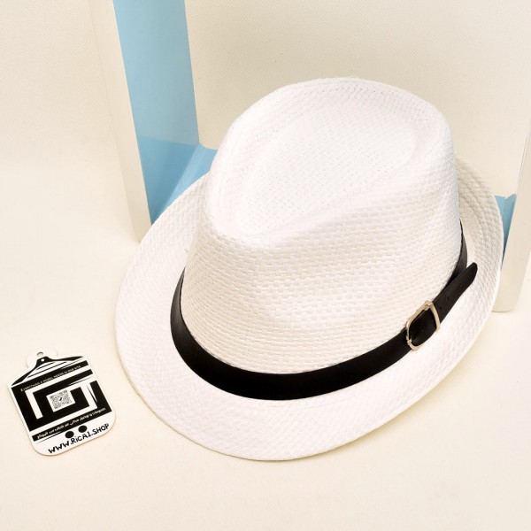 القبعة الدائرية اللطيفة  - لون ابيض خط اسود جلد بشكل دائري