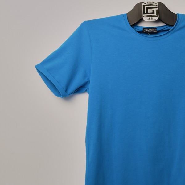 فت سايز تيشرت قطني سادة لون ازرق ياخة دائري حركة في الفصال (طبع حسب الطلب)