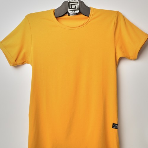فت سايز تيشرت قطني سادة لون اصفر عنق دائري حركة في الفصال (طبع حسب الطلب)