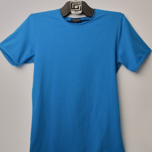 فت سايز تيشرت قطني سادة لون ازرق ياخة دائري حركة في الفصال (طبع حسب الطلب)