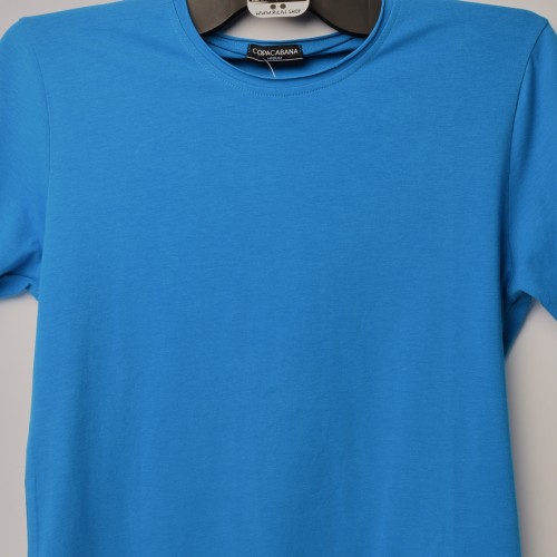 فت سايز تيشرت قطني سادة لون ازرق ياخة دائري حركة في الفصال (طبع حسب الطلب)