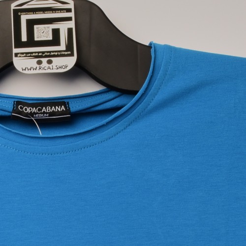 فت سايز تيشرت قطني سادة لون ازرق ياخة دائري حركة في الفصال (طبع حسب الطلب)