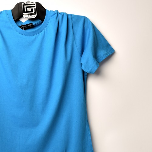 قالب شبه اوفر سايز ((فصال اوربي)) تيشرت قطني سادة لون ازرق عنق دائري  (طبع حسب الطلب)