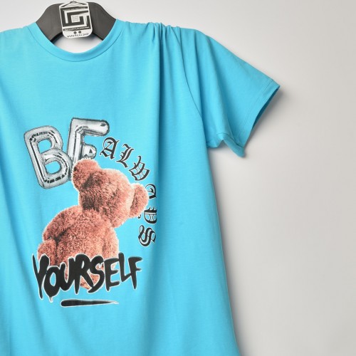 تيشرت اوفر سايز قطني خامة ممتازة باللون الازرق مع الطبعة للجنسين