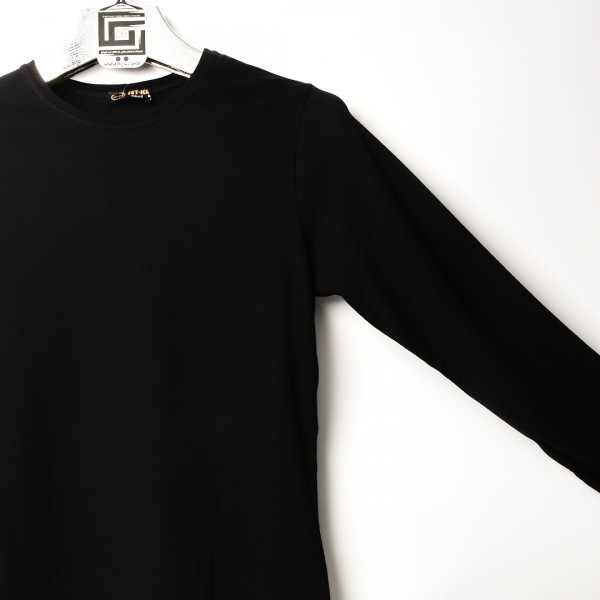 خامة قطني عنق دائري ردن كاملة لون اسود (طباعة حسب الطلب)