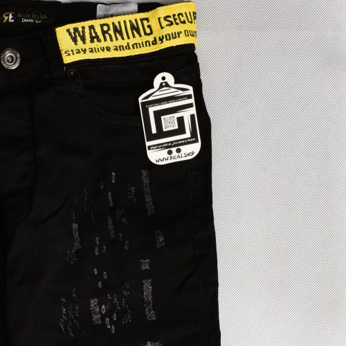 بنطلون جينز خامة درجة اولى فصال تركي بحركات مميزة بادق التفاصيل , باللون الاسود المطعم بالاصفر