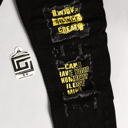 بنطلون جينز خامة درجة اولى فصال تركي بحركات مميزة بادق التفاصيل , باللون الاسود المطعم بالاصفر