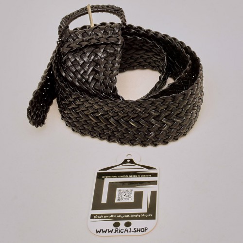 حزام جلد بشكل ظفيرة يربط عن طريق الشبك اسود  5سم