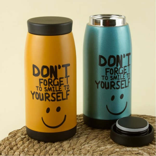ترمس وقارورة من الفولاذ المقاوم للصدأ مع عبارة  Dont Forget To Smile باللون الرصاصي والاسود