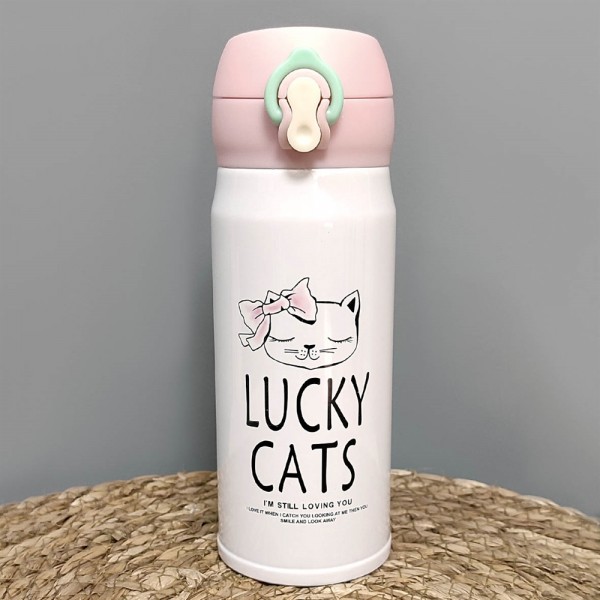 ترمس Sweet Unicorn المعدني Lucky cat المحافظ على الحرارة والبرودة لفترة طويلة باللون الابيض ورأس وردي  (ماركة)