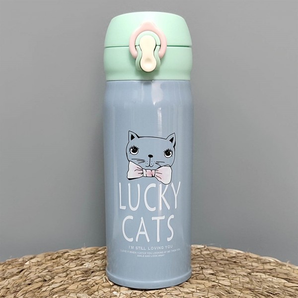 ترمس لاكي كاتس لاكي كات شارب ستانلس ستيل - باللون الرصاصي والراس الفستقي
