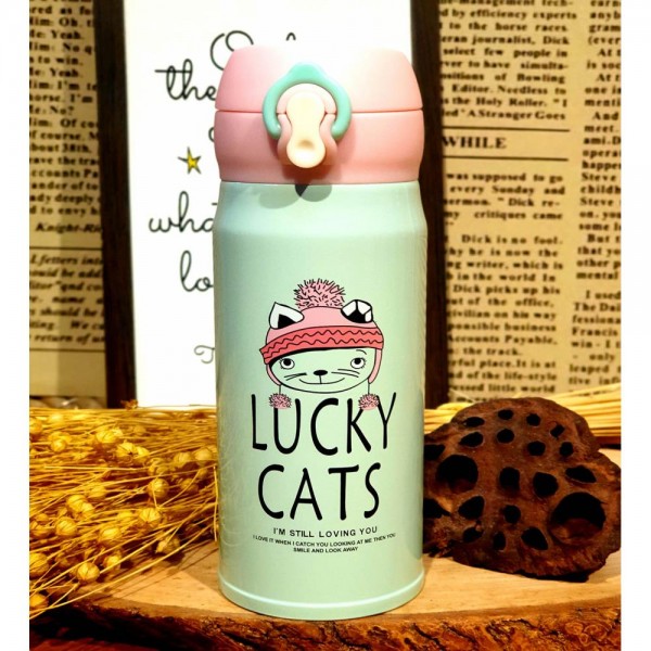 ترمس Sweet Unicorn المعدني Lucky cat المحافظ على الحرارة والبرودة لفترة طويلة باللون الفستقي ورأس وردي  (ماركة)