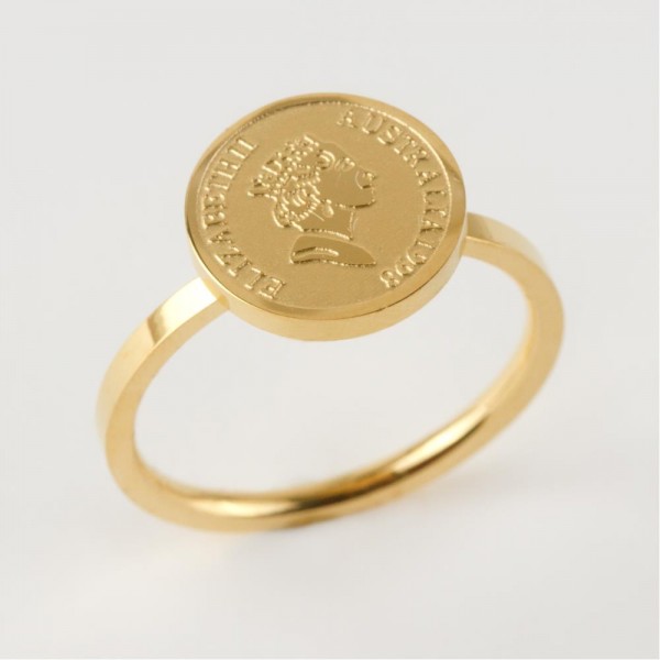 خاتم فولاذي فاخر على شكل عملة معدنية ذهبي