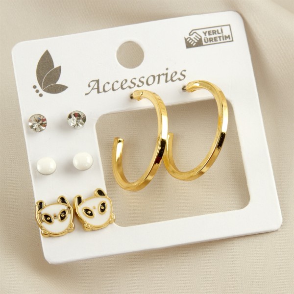 طقم تراجي 8 قطع أقراط باندا خاتم المينا 2.5 سم / ذهبي