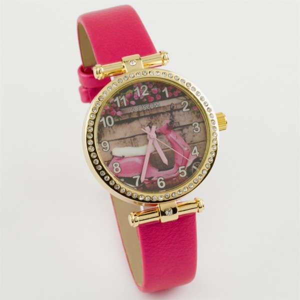 ساعة نسائية دزاين لطيف منقوشة  الدراجة النارية حزام المرأة الوردي الموسم الجديد